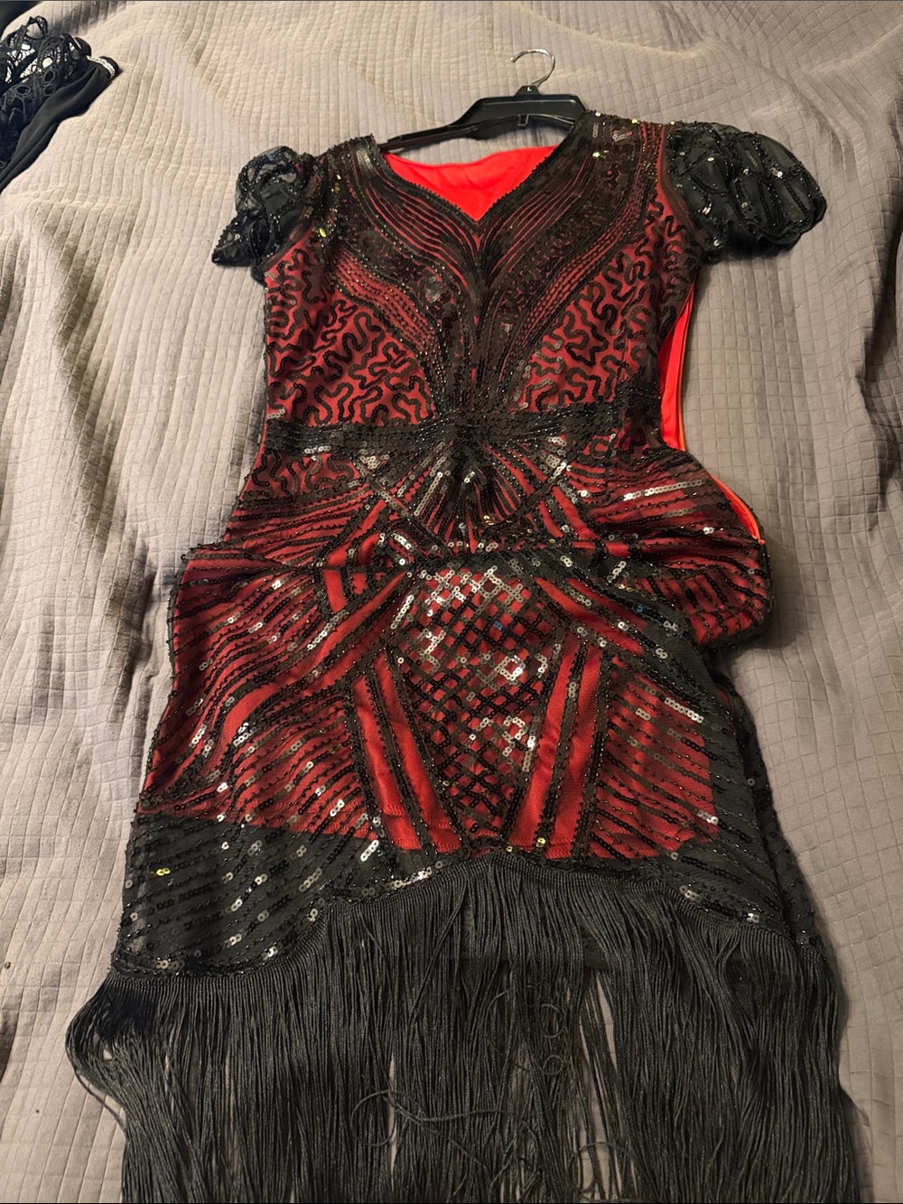 Amazon Red and Black Beaded Fringe Party Dress